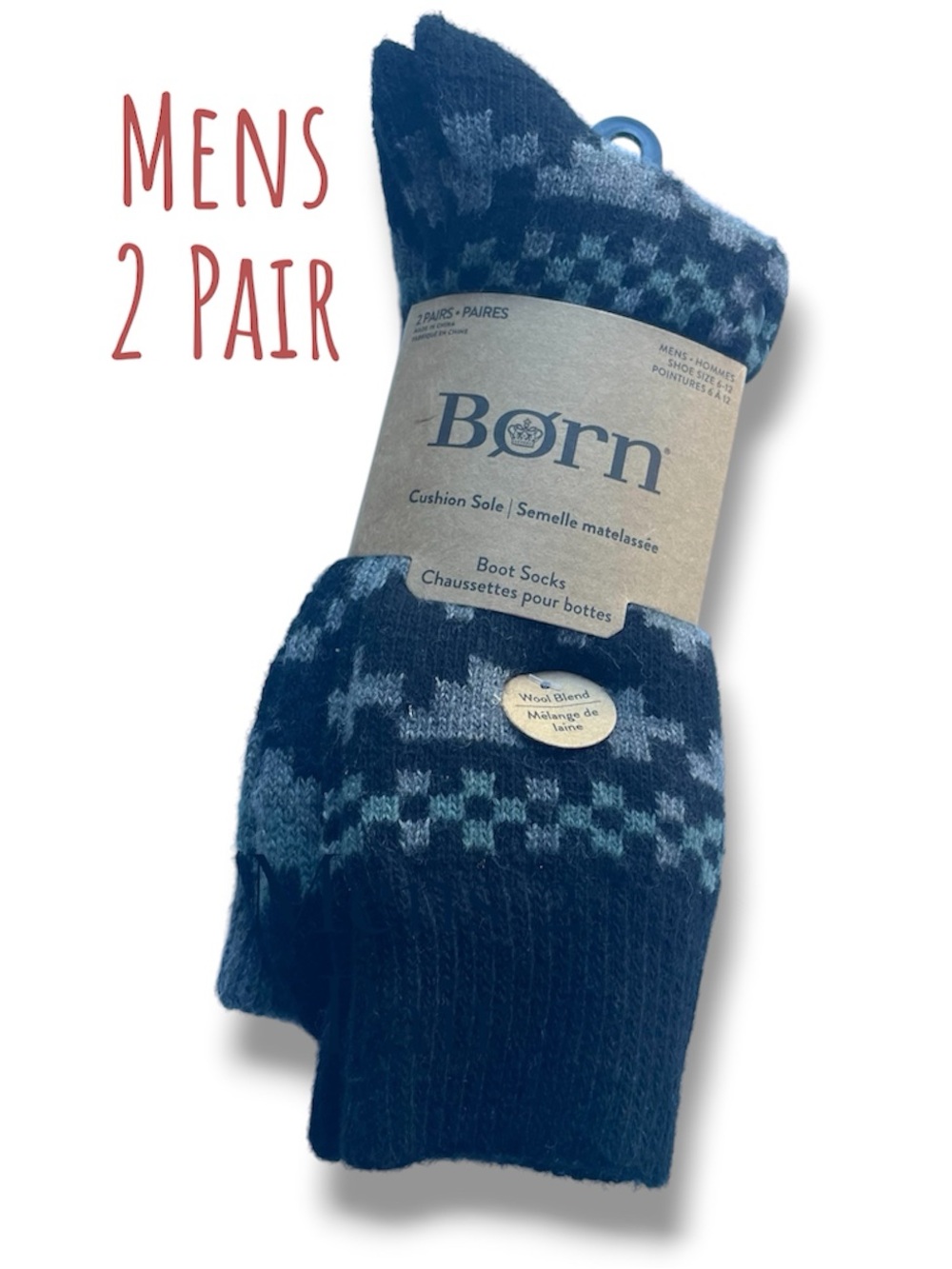 MENS Socks Wool Blend 2 Pair Shoe Size 6-12 BORN